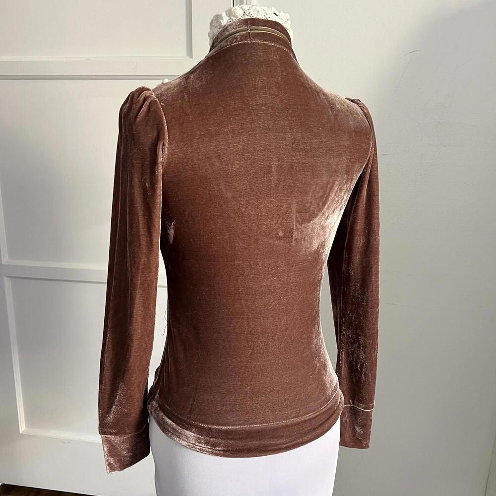 Vintage La Vie en Rose Victorian Velvet Blouse Brown Lace Collar High Neck Goth - Picture 6 of 8